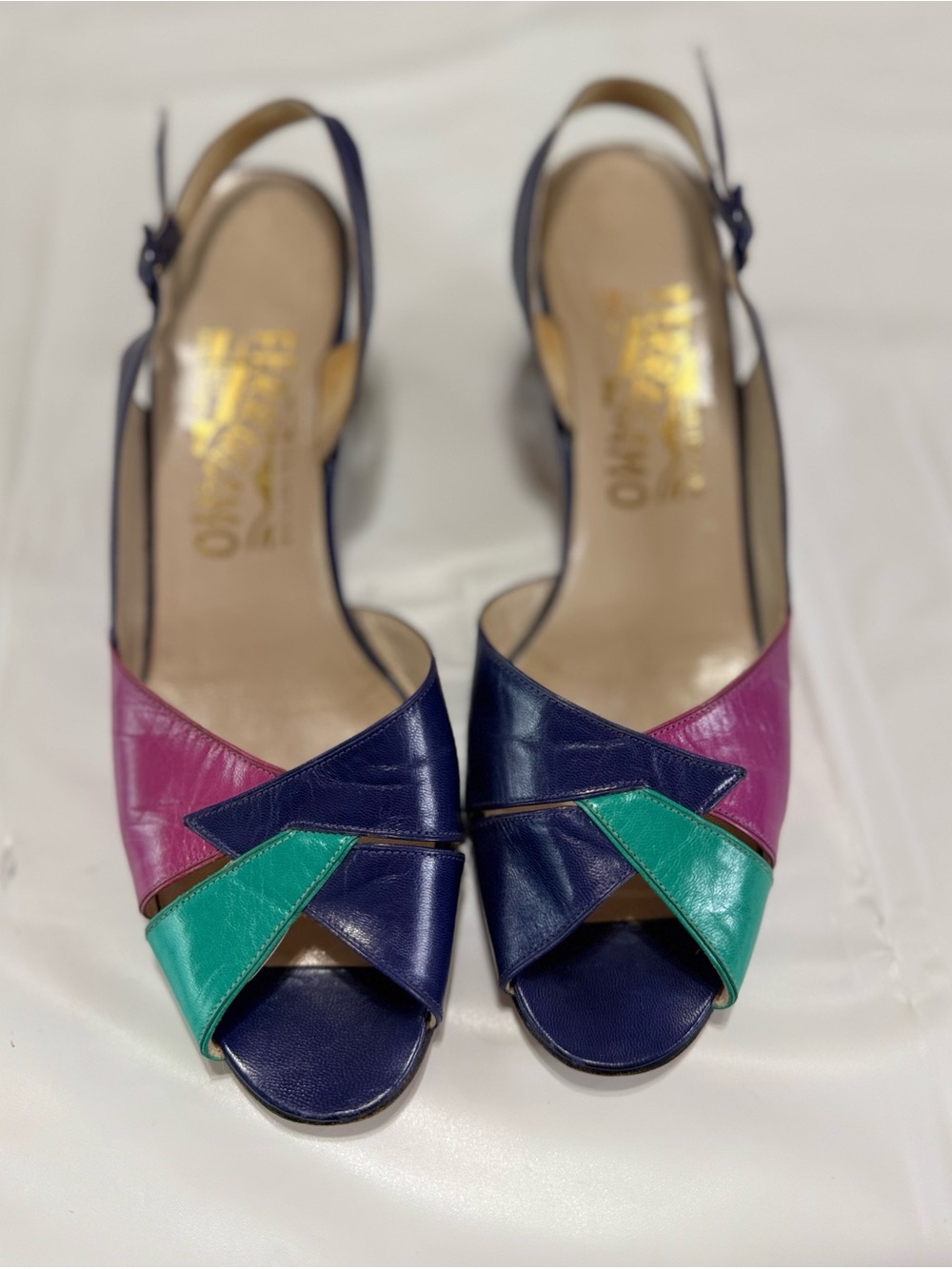 Salvatore Ferragamo Navy, Pink & Teal Leather Slingback Sandals - Picture 5 of 6